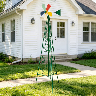 Treillis de jardin de 75 po de hauteur avec ventouse coloré, support de plante en métal avec moulin à vent multicolore, obélisque décoratif pour plantes grimpantes, cour et patio