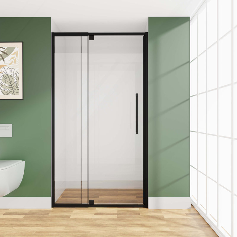 Semi-Frameless Pivot Shower Door, 1/4" Tempered Glass, 1.2Inch Adjustable Width, Reversible Installation, Matte Black