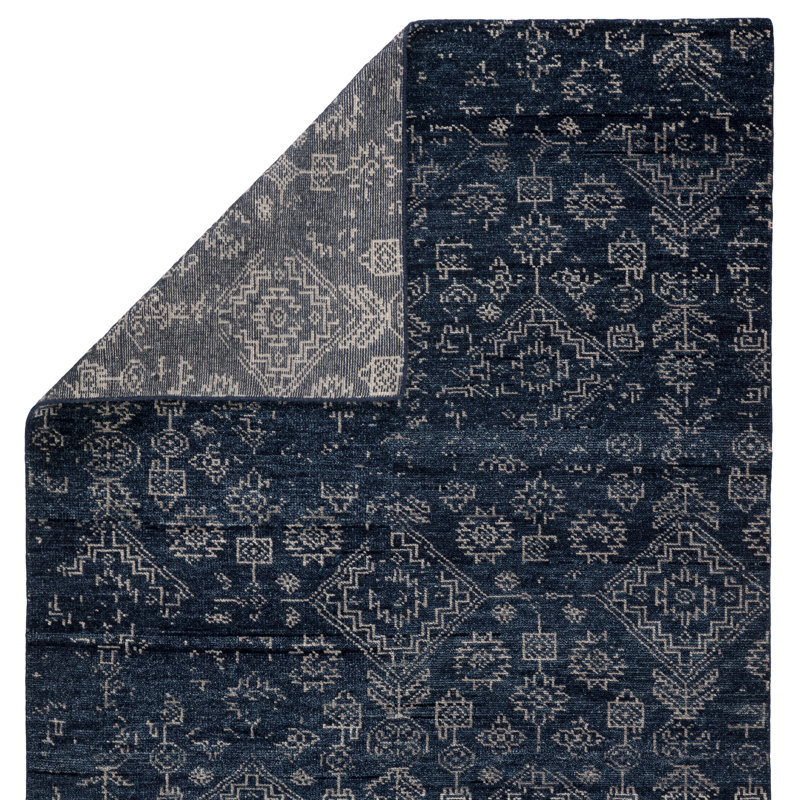 Azuma Hand Knotted Wool Geometric Area Rug in Dark Blue/Light Gray, Rectangle 5'6" x 8'