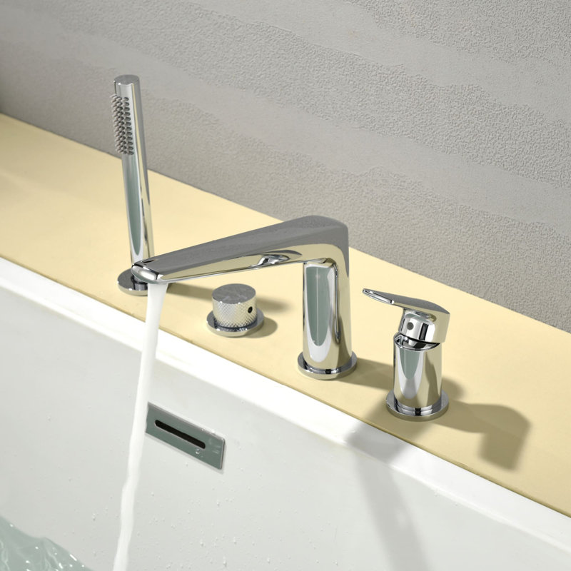 4 Hole Deck Mount Tub Faucet With Hand Shower Single Handle Bathtub Faucet Brass Tub Fillers With Valve, Polished Chrome