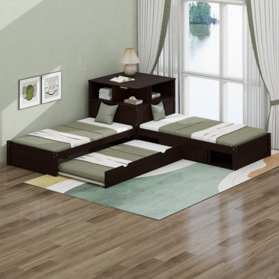 Twin Size L-Shaped Platform Bed With Storage Cabinets, Desk, Trundle And LED Light, 3-In-1 Low Corner Platform Bed