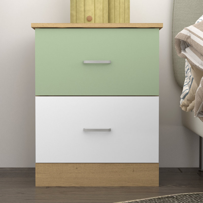 Table de chevet 2 tiroirs 23,6 po Allyannah, Chêne Oslo / vert sauge / blanc / gris froid, Individuel