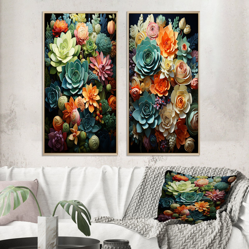 «Green Balck Succulent Serenity», 2 pièces, H 32 po x l 32 po, Encadrement brun