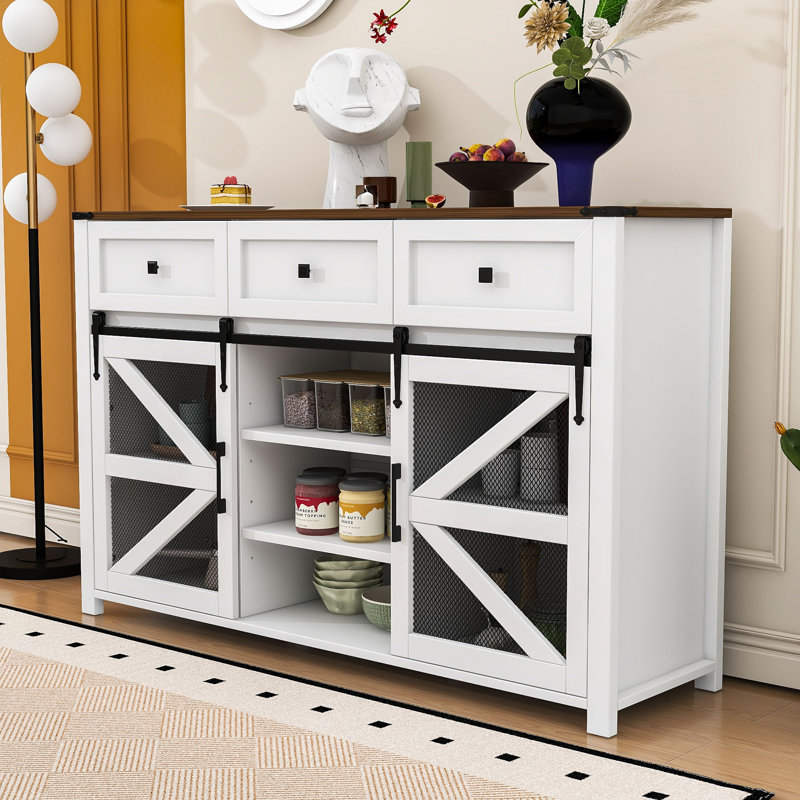 Buffet Modern Farmhouse avec porte de grange coulissante, tablettes réglables et tiroirs, Blanc