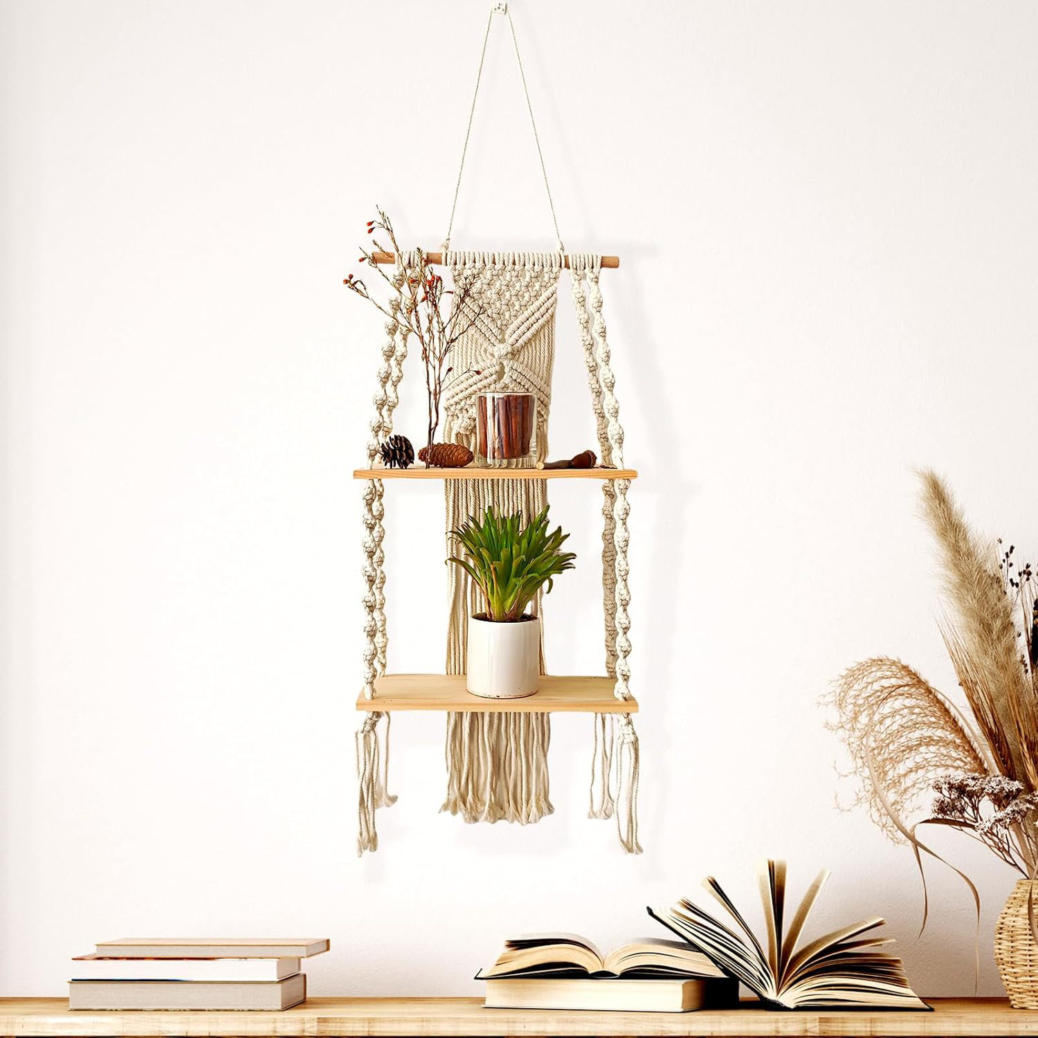 Dakota Fields Wall Hanging Shelf,2 Tier Boho Wall Plant Hanger Shelves