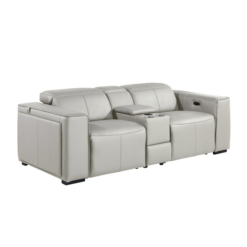 Top Grain Italian Leather Modular Power Dual Reclining Console Loveseat With Power Headrests, Light Gray