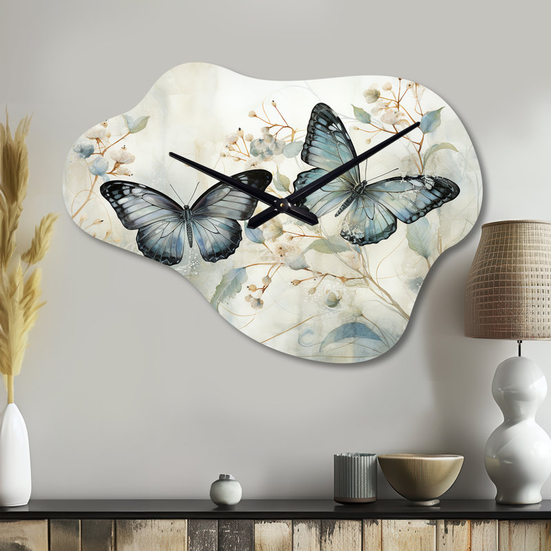 Horloge murale bleue avec ailes de papillon bleues et sereines - forme de nuage, Grand