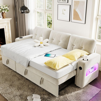 84 Inch Sleeper Sofa Couch, L-Shaped Sofa, Convertible Pull Out Sofa Bed With Storage, Charging Station, Led Lights