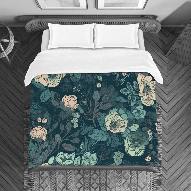 Floral Green/Navy Microfiber Duvet Cover, King Duvet Cover