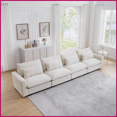 Canapé moderne en velours côtelé beige à 4 places avec 4 coussins de taille pour le salon