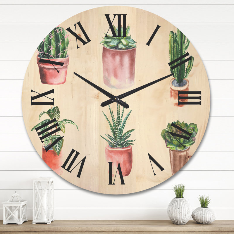 Horloge murale fleurs en pot cactus et plantes grasses, Très grand
