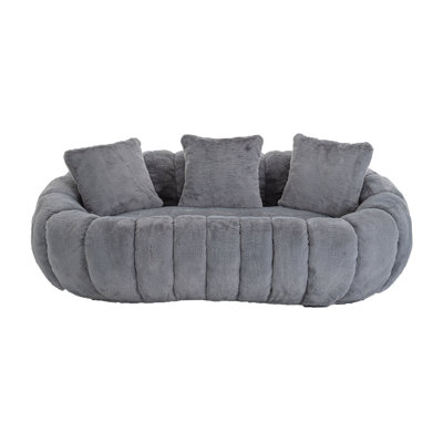 Floral-Shaped Contemporary Sofa with Rolled Arms, Gray Faux Fur Upholstery for Bedroom or Living Room