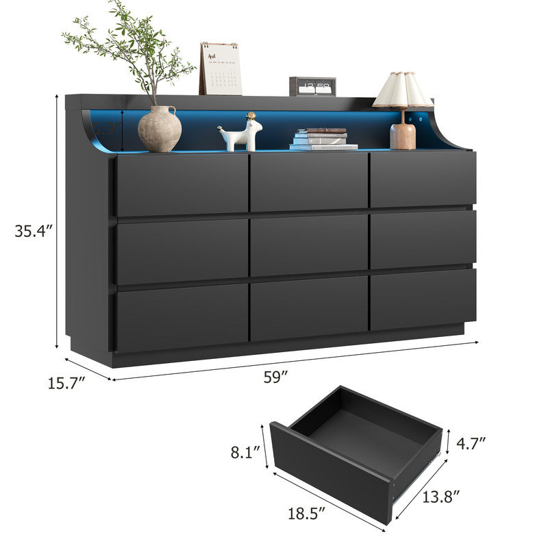 9-Drawer Wooden Dresser with LED Lights, 59" Modern Storage Chest for Bedroom Living Room