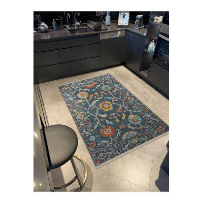 Tapis décoratif rétro à motif floral multicolore bleu marine