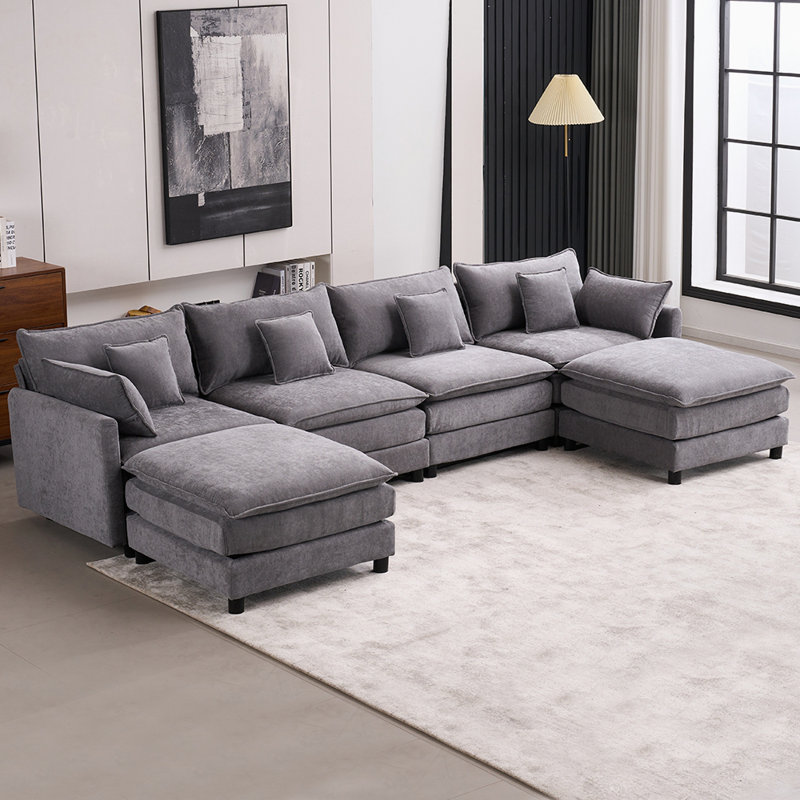 Upholstered Sectional Sofa Couch 4 Seat Sectional Couches for Living Room, Gray Chenille