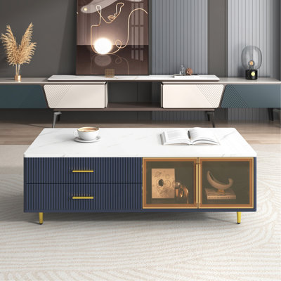 Table basse moderne bleu marine avec 2 portes de rangement en verre, 4 tiroirs, pieds en métal doré et éclairage multicolore de 47,2 po