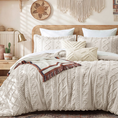 Ensemble d'édredon touffeté très grand de style californien Bedure - motif géométrique beige, broderie maison de campagne, ensemble de literie 5 pièces doux, toutes saisons