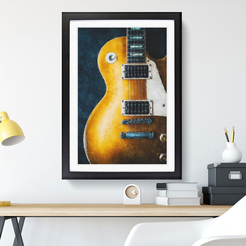 Aged Electric Guitar - Picture Frame Painting Print, 87cm H x 62cm W x 2cm D, Black Framed