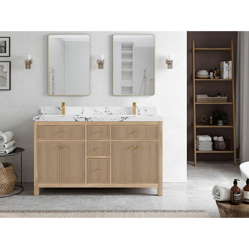 60'' Light Graywashed Teak Double Bathroom Vanity with Quartz Top