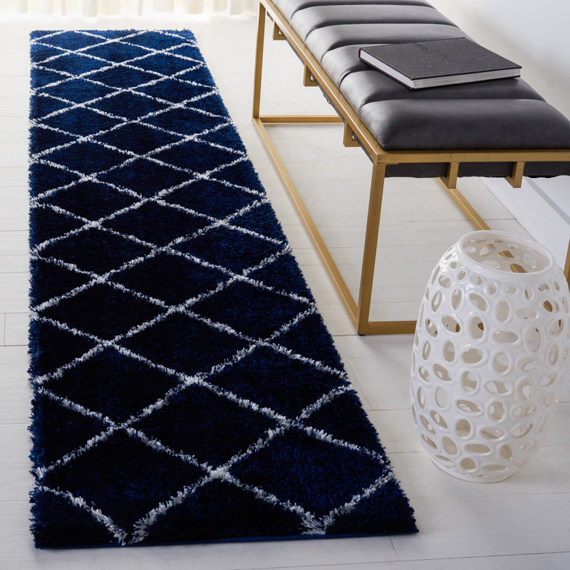 Navy and White Geometric Shag Runner Rug, 2' x 9'