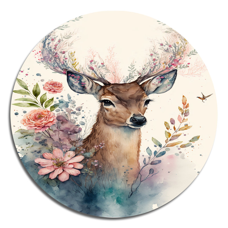 Mignon petit cerf avec fleurs roses - animaux, art en métal rond, H 29 po x l 29 po
