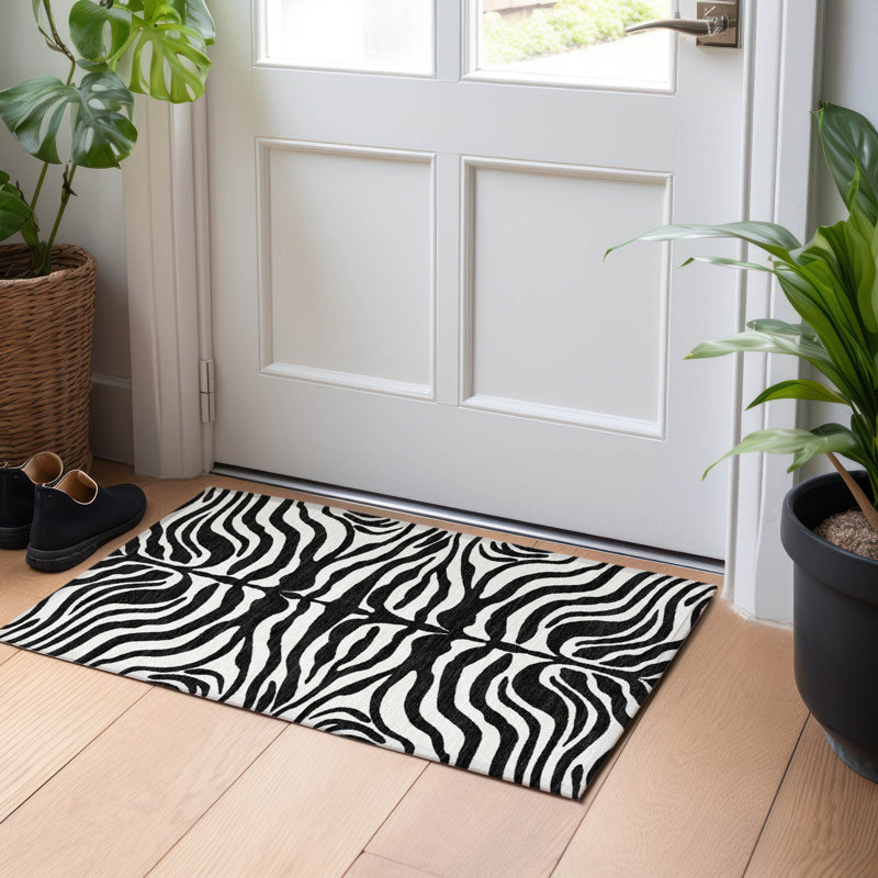 Black and White Zebra Pattern Washable Synthetic Rug