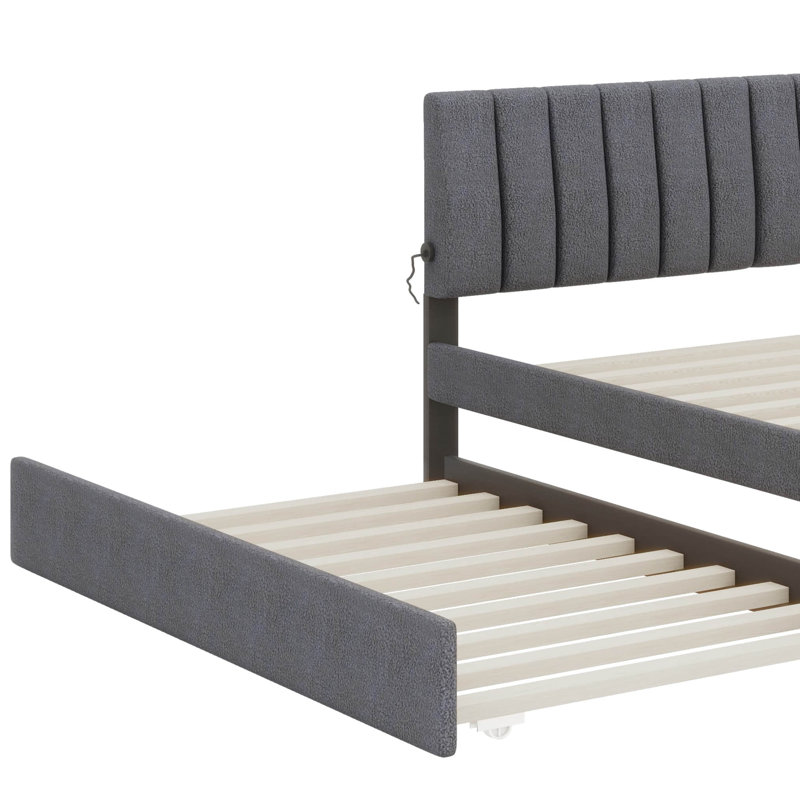 Lit plateforme rembourré Teddy, Gris, Grand lit