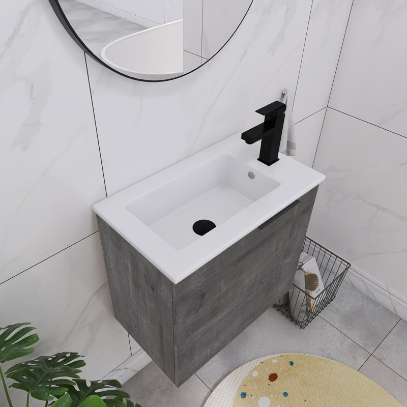 Madilene  22"Single Sink Wall Mounted Bathroom Vanity,Floating Vanity with 1 Door, White Ceramic Sink Top, Plaid Gray Oak
