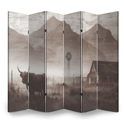 Paravent rustique à 6 panneaux, pliable, en toile, motif vache des Highlands, style champêtre sépia. Séparateur de pièce autoportant, cloison de protection pour plus d'intimité.