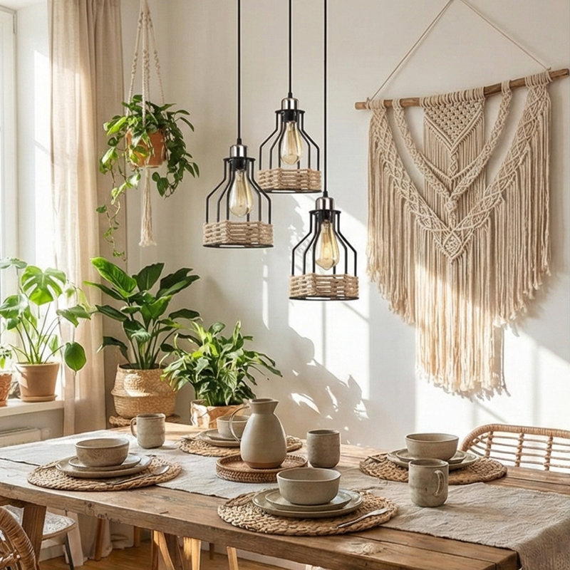 Adjustable Industrial Rope-Wrapped Metal Cage 3-Light Cluster Pendant