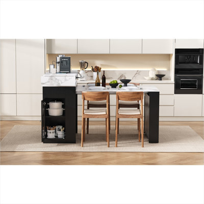 Table de salle à manger extensible avec tiroirs et prise de courant, marbre noir de jais et blanc, plateau pliant, îlot de cuisine sur roulettes, H 37,8 x L 57,7