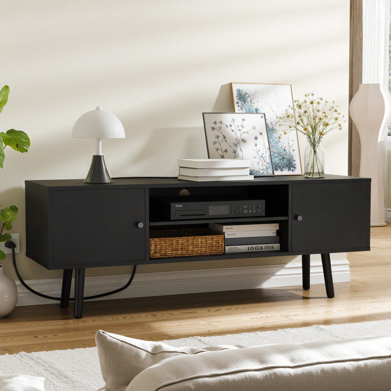 Jakerra 53" TV Stand, Modern Entertainment Center with Power Outlets and Adjustable Shelf, Oak/White