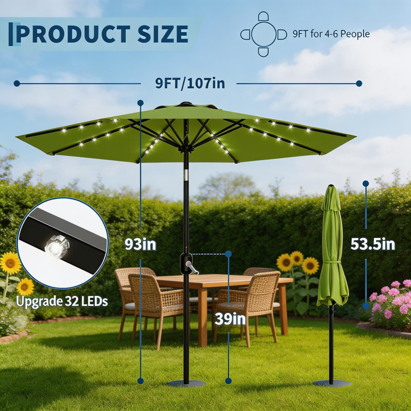 Parasol de patio 9 pi, 8 baleines robustes, avec lumières, Vert