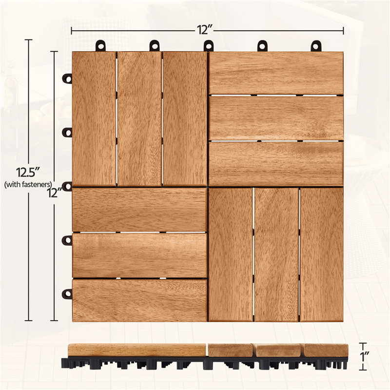 Natural Acacia Wood Interlocking Deck Tiles 12″x12″, Natural