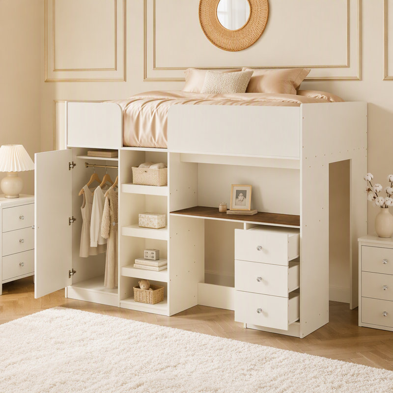 Lit mezzanine double en bois avec garde-robe intégrée, bureau, tablettes de rangement et tiroirs, beige