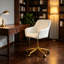 Fauteuil de bureau réglable en cuir de polyuréthane blanc avec roulettes, fauteuil de coiffeuse pivotant ergonomique avec base en métal doré-650534583