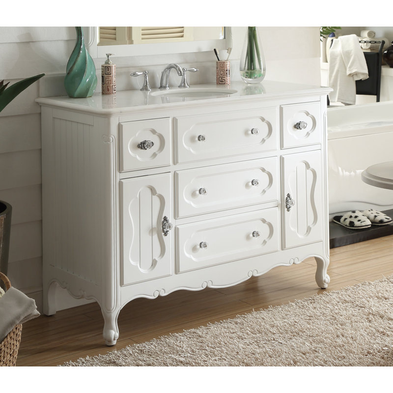 Meuble-lavabo sur pied Benton Collection Knoxville, style chalet victorien, blanc, 122 cm (48 po), lavabo simple, plateau en marbre, entièrement assemblé