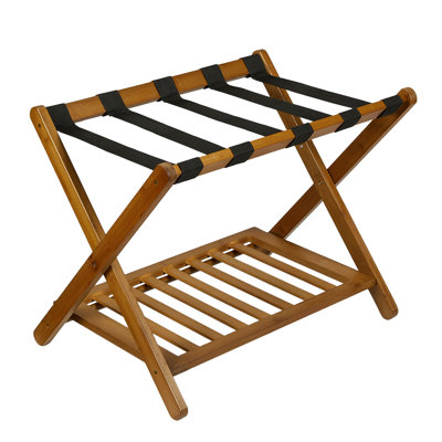 Folding Bamboo Luggage Rack with 2-Tier Shelf – Heavy-Duty Walnut Suitcase Stand Holds 150 lb for Guest Rooms & Hotels