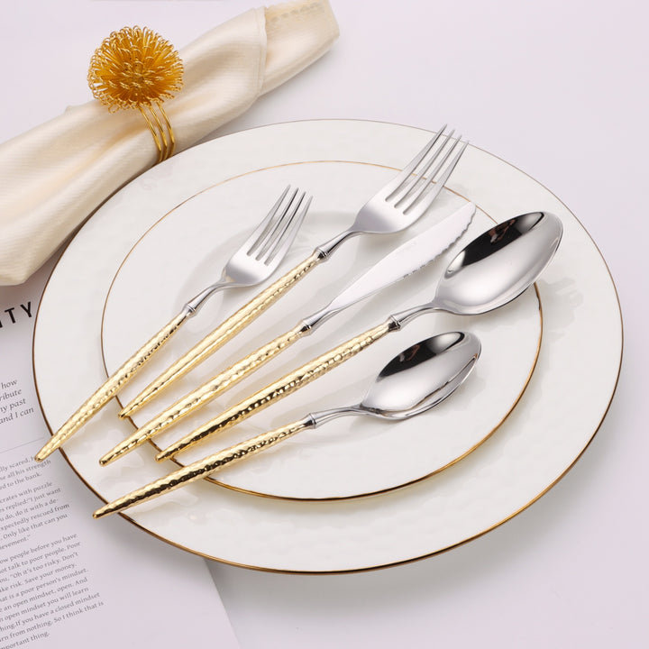 20 Pc Flatware Set with Hammered Handles, Gold/Silver