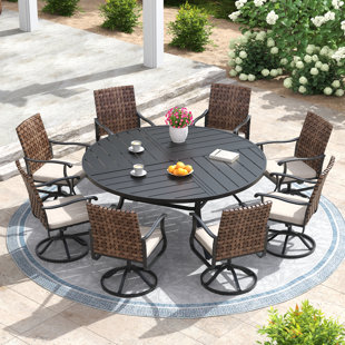 8-Person Round Outdoor Dining Set With Swivel Pe Rattan Chairs & Cushions