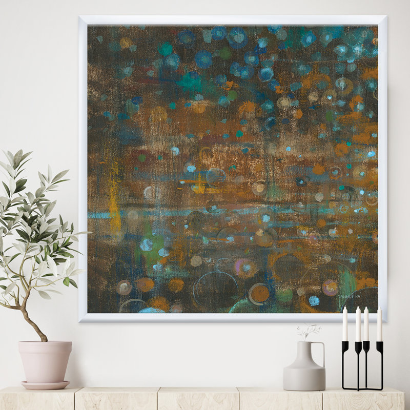 «Blue and Bronze Dots on Glass III», reproduction sur toile encadrée, H 16 po x l 16 po x P 1 po, Cadre blanc