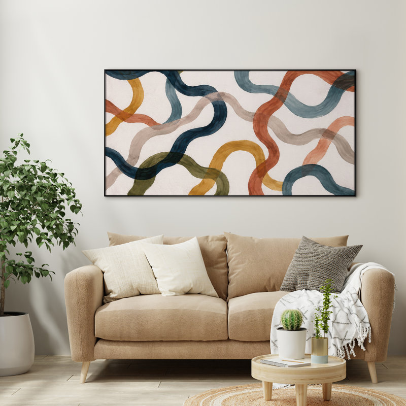 Très grand art mural imprimé sur tissu - Motif de lignes ondulées abstraites colorées pour le salon ou la chambre à coucher - «Assemblage requis du cadre (cadre non fini)»