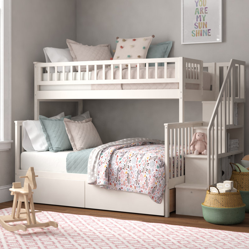 Ilariana Heavy Duty Wood Safety Staircase Bunk Bed with Under Bed Drawer Storage, White, Twin over Full