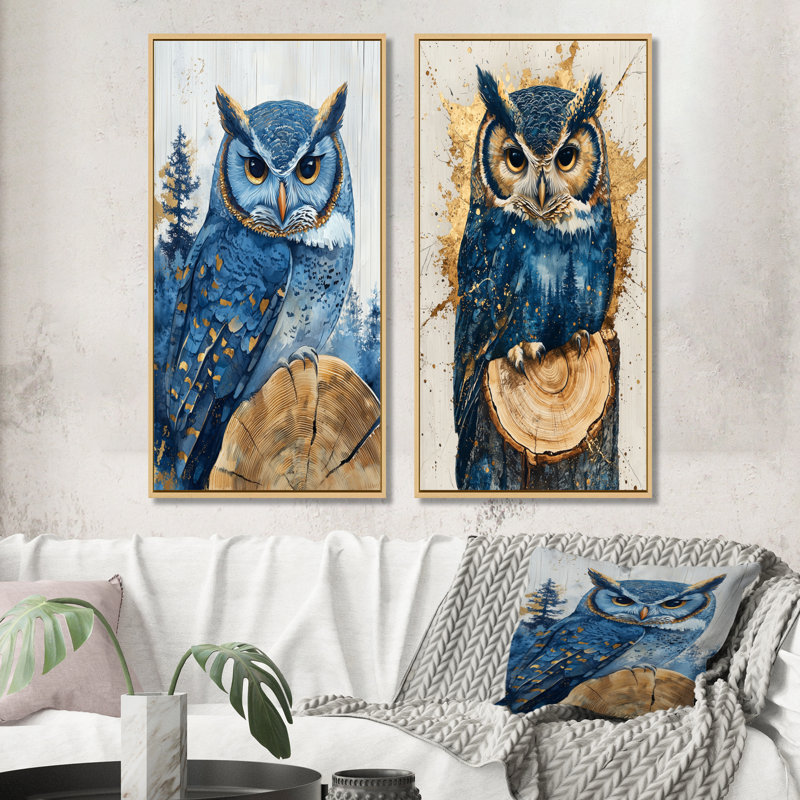 Hibou dans la forêt de Saphir, paysage I - animaux, impressions sur toile, collection 2 panneaux, H 28 po x l 25 po