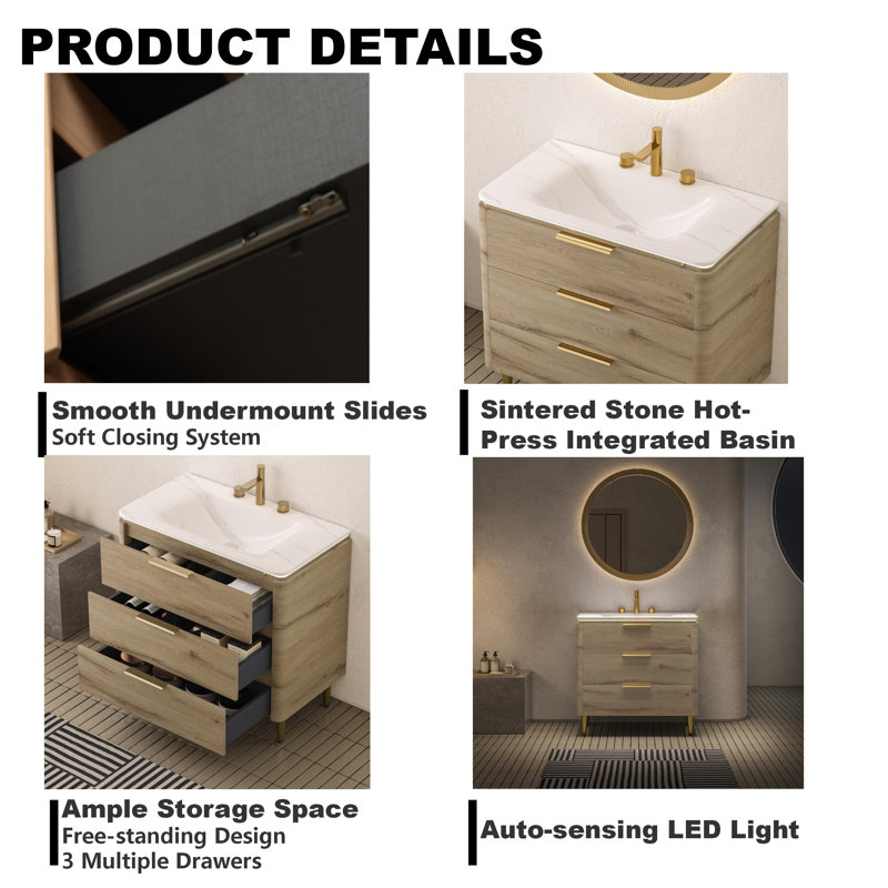  36 Inch Freestanding Bathroom Vanity, Curved Edge with Motion Sensor LED Light, Carrara White Sintered Stone Basin, Pre-assembled