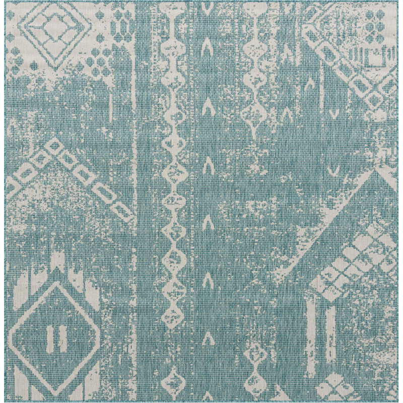 Tapis d'extérieur équivine de couleur turquoise-ivoire clair, Carré 7 pi