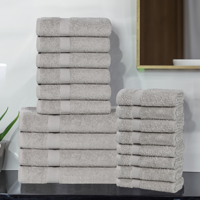 Josann Franklin 100% Cotton Lightweight Quick-Drying 18-Piece Assorted Towel Set, Silver