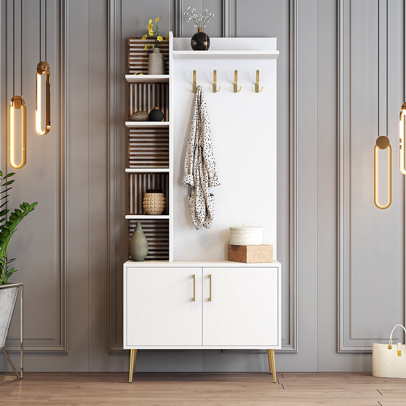 Modern Hall Stand with White & Gold Finish, 35.4 x 79.5 x 13.8 inches | 100% Melamine Coated Particle Board, Thickness: 0.7 inches | Elegant Design for Entryway Storage & Organization, Stylish and Durable