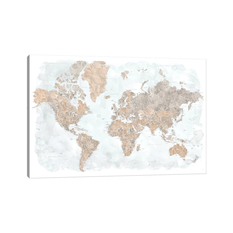 Carte du monde à l'aquarelle très détaillée, giclée sur toile tendue avec galerie Calista, H 12 po x l 18 po