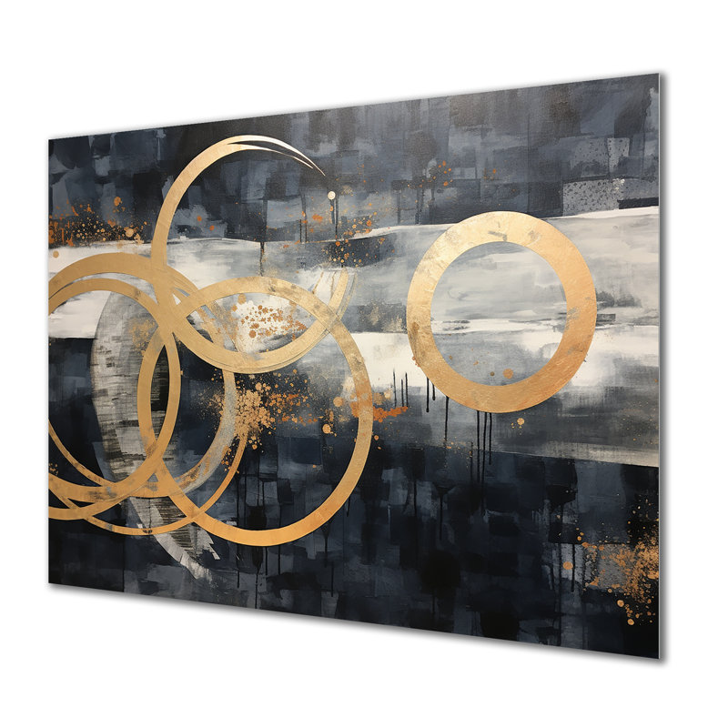 Anneaux d'or dans la nuit - décoration murale géométrique, Pas de métal encadré, H 12 po x l 20 po x P 1 po